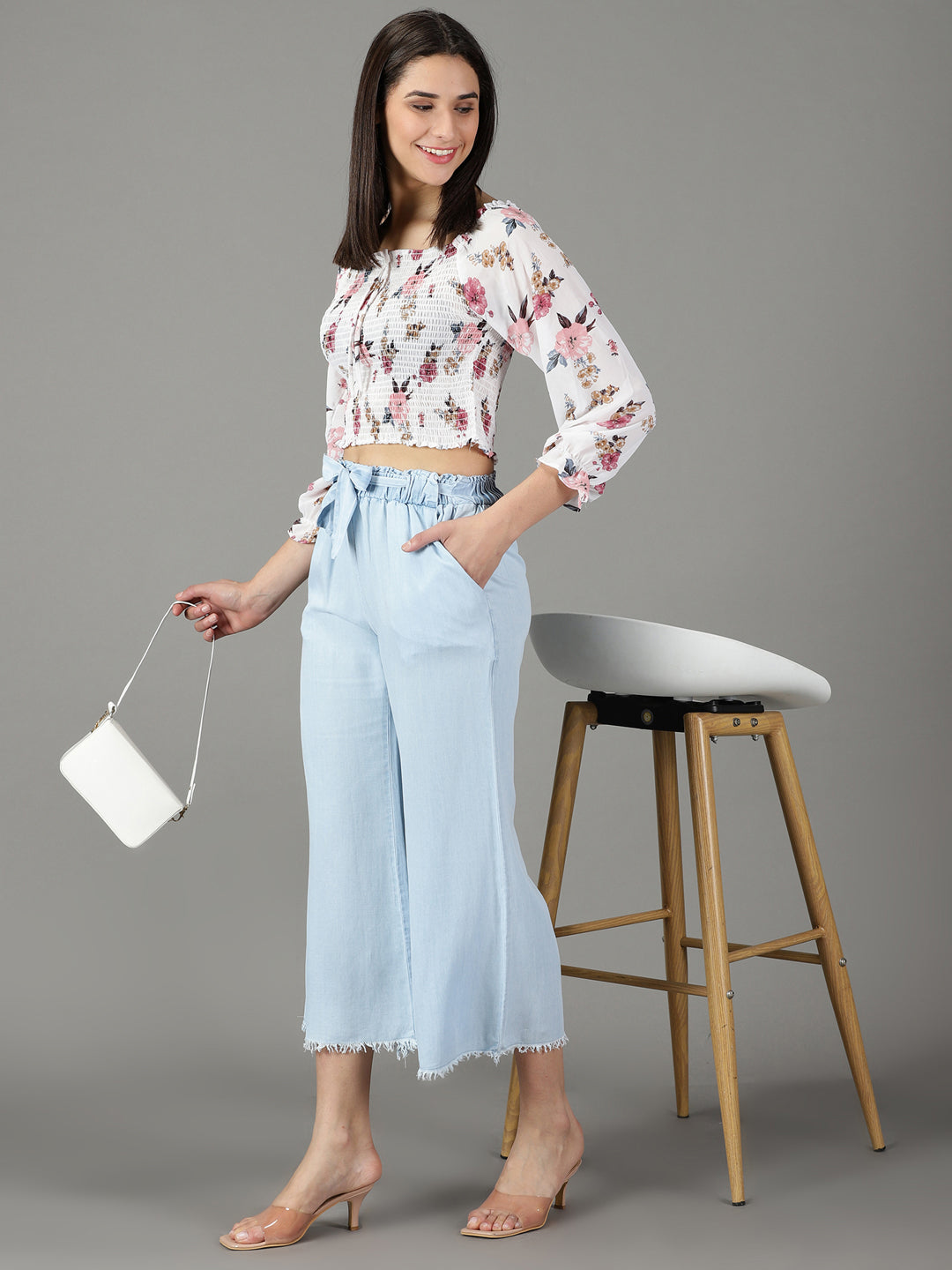 Women's Blue Relaxed Straight Fit High-Rise Denim Culottes
