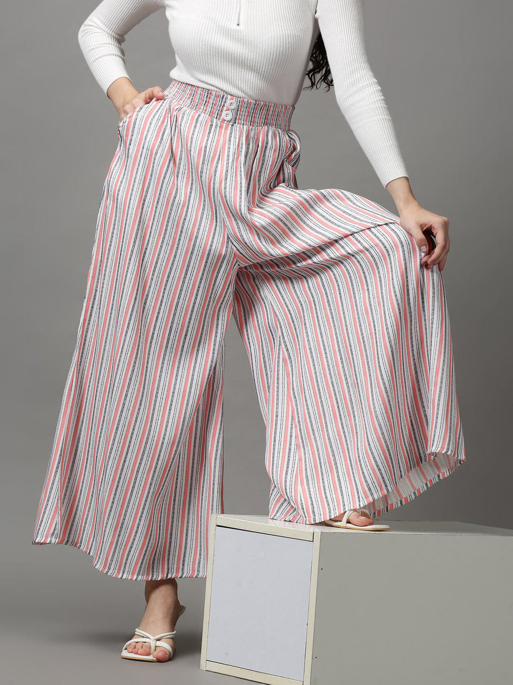 Women's Multi Striped Flared Culottes Trouser