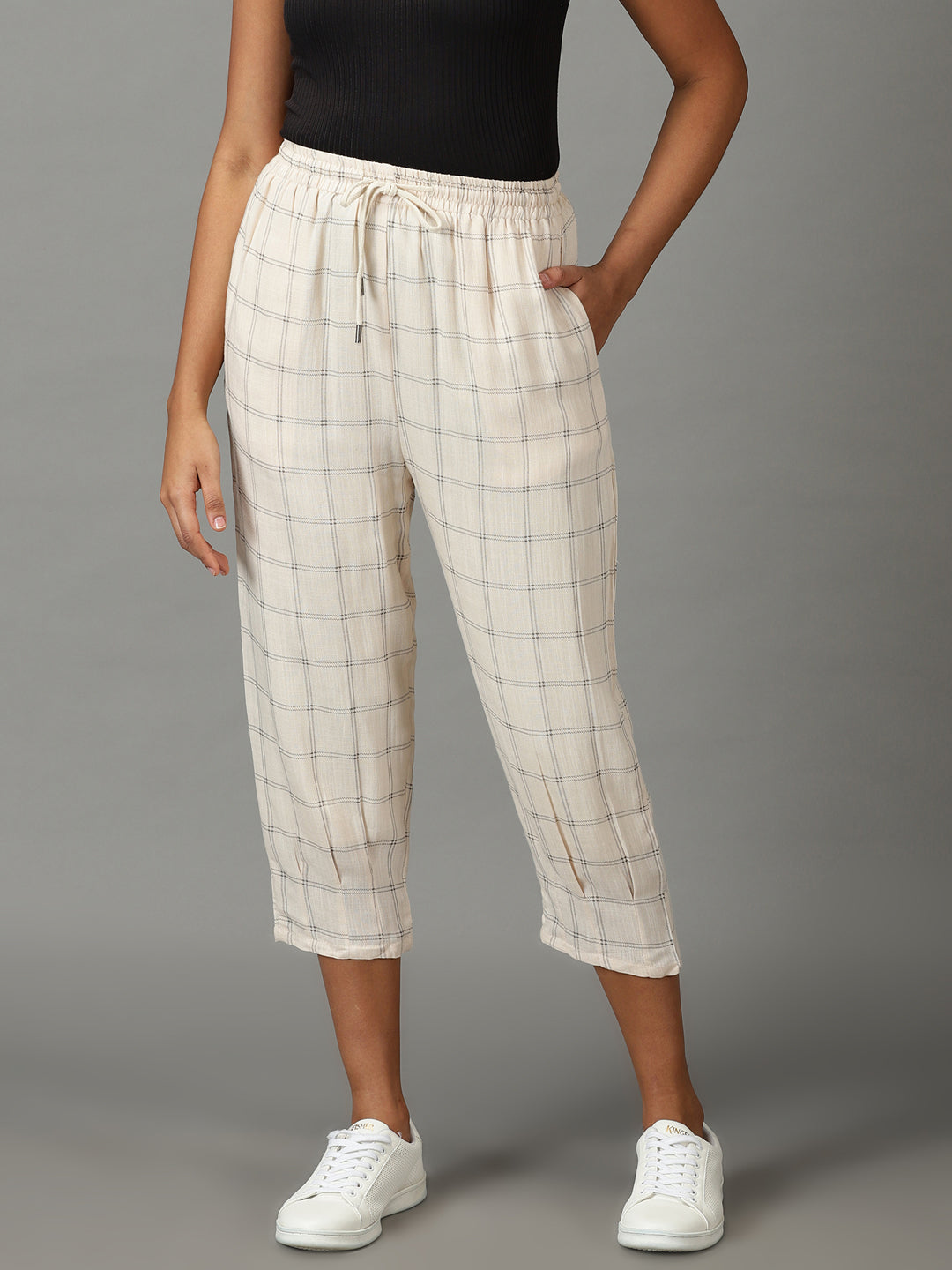 Women's Cream Checked High-Rise Relaxed Straight Fit Linen Regular Trousers