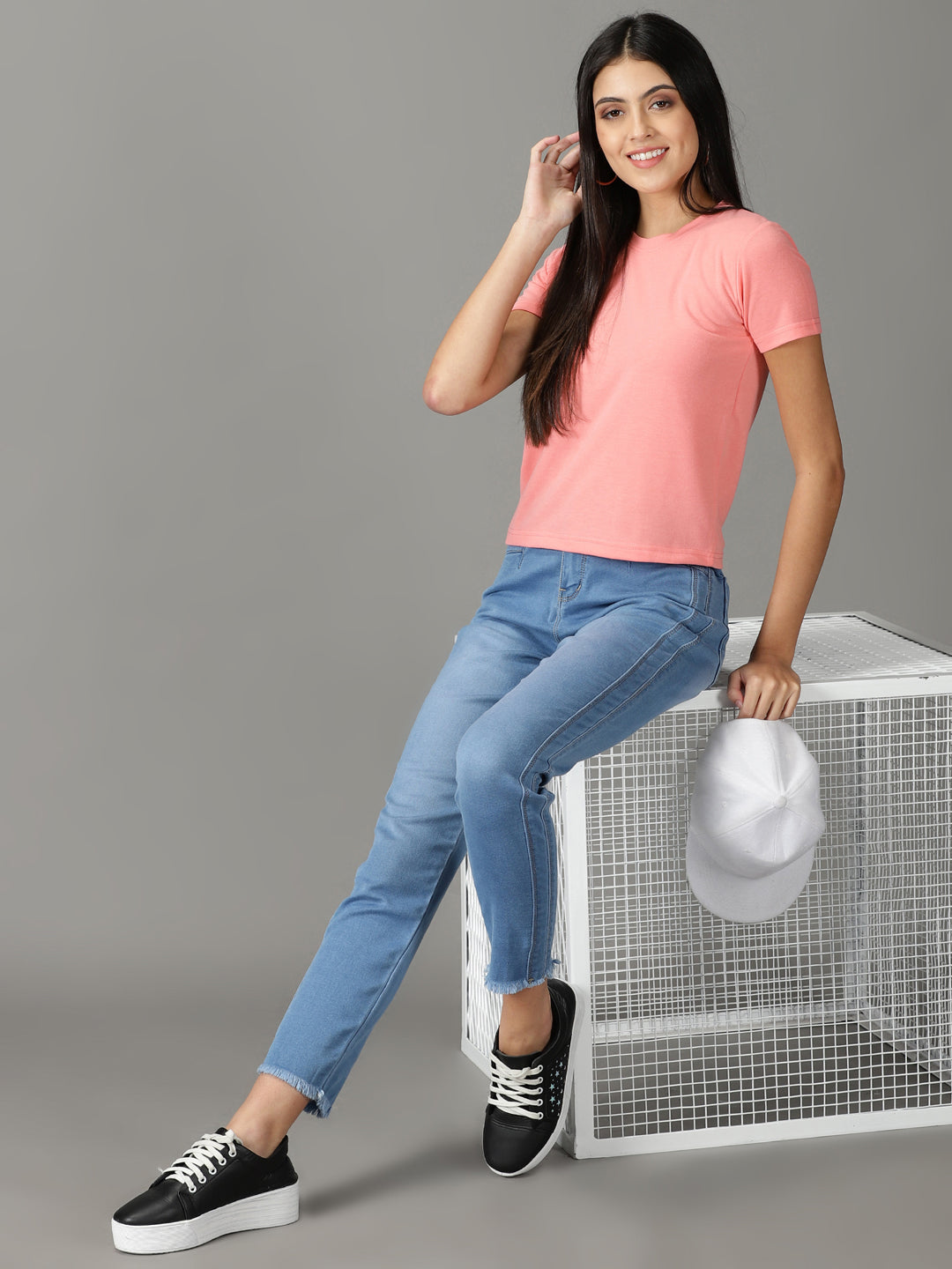 Women's Pink Round Neck Crop Top