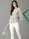 Women's Off White Floral Printed Square Neck Peplum Top
