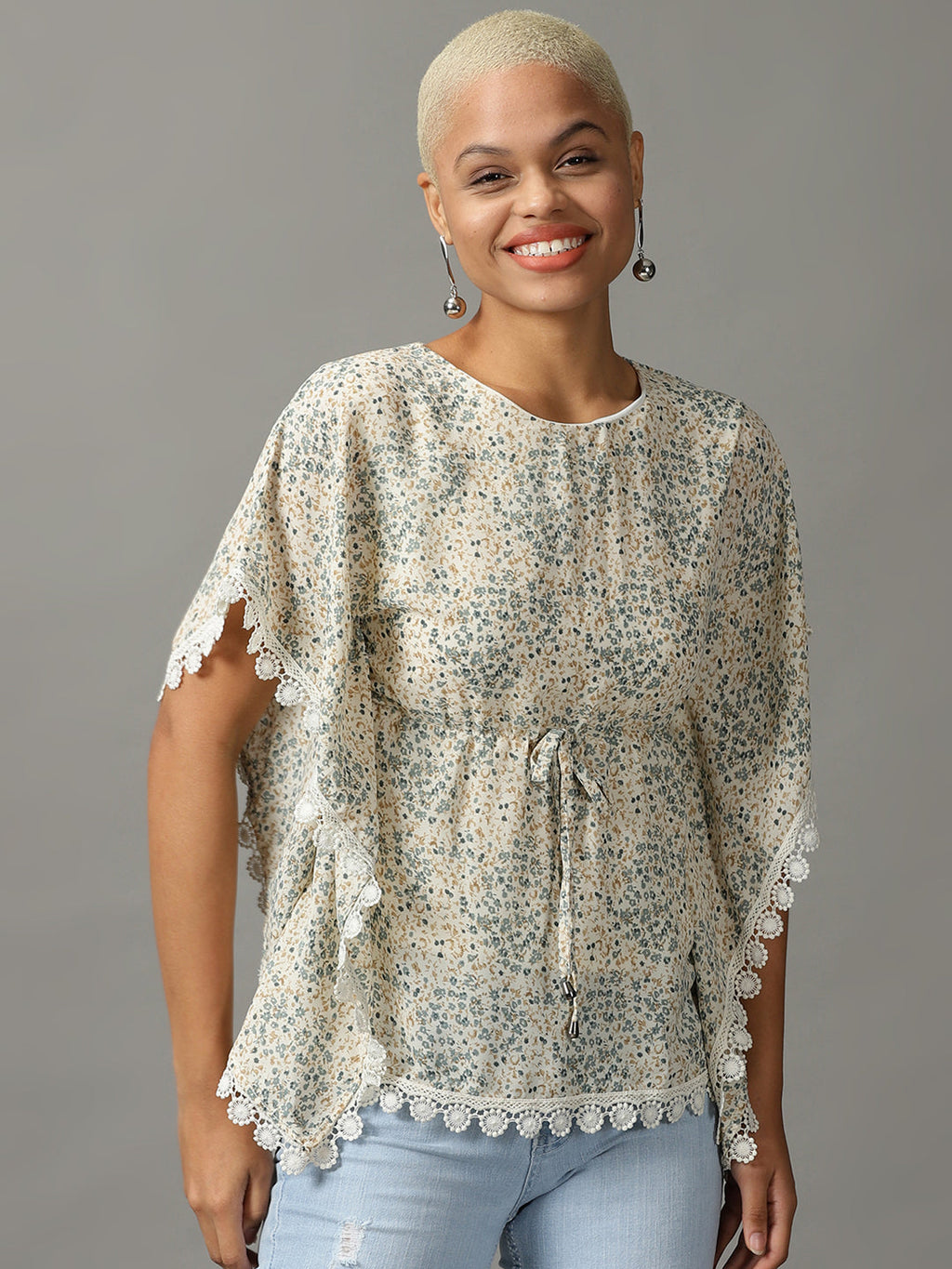 Women's Cream Floral Print Extended Sleeves Georgette Kaftan Top