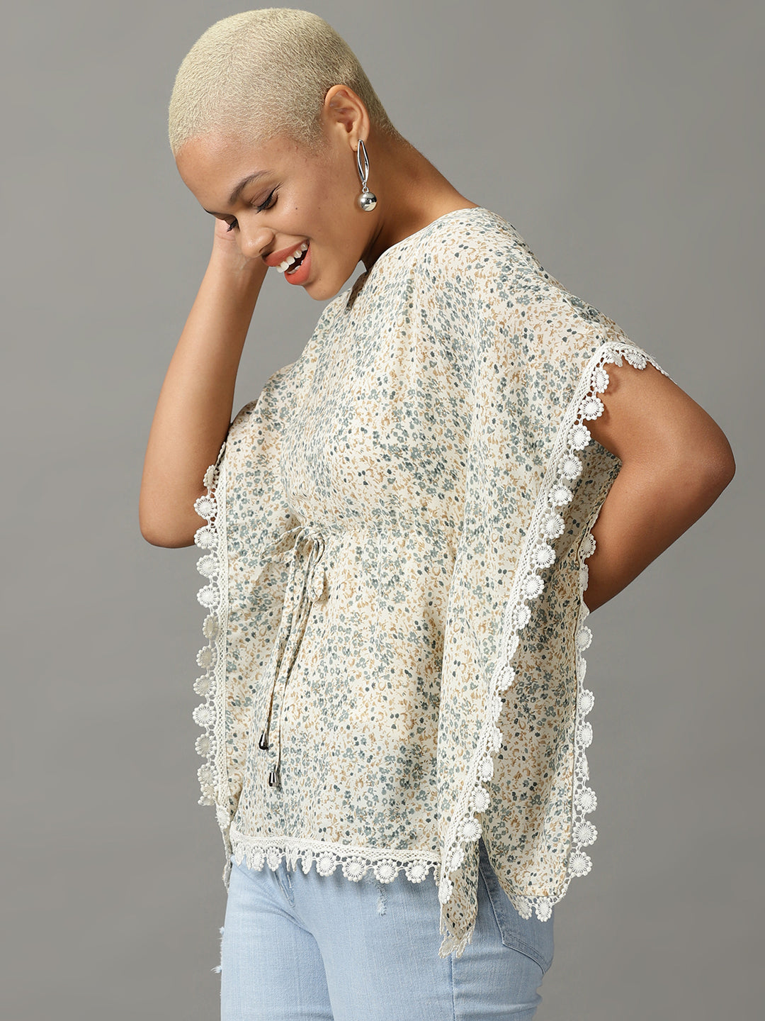 Women's Cream Floral Print Extended Sleeves Georgette Kaftan Top