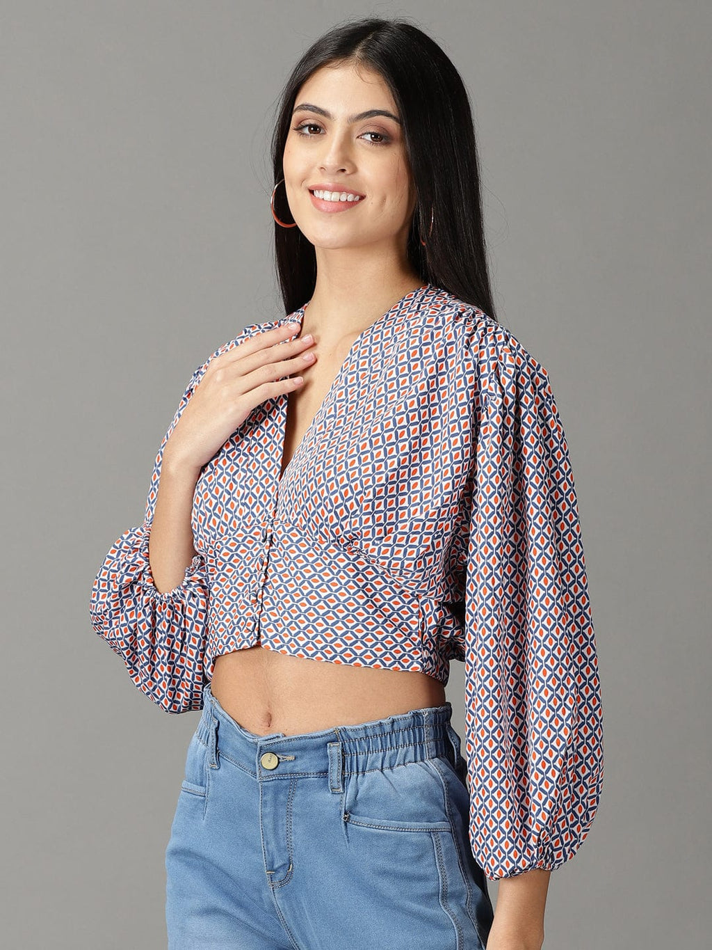 Women's Navy Blue Geometric Print Crop Top