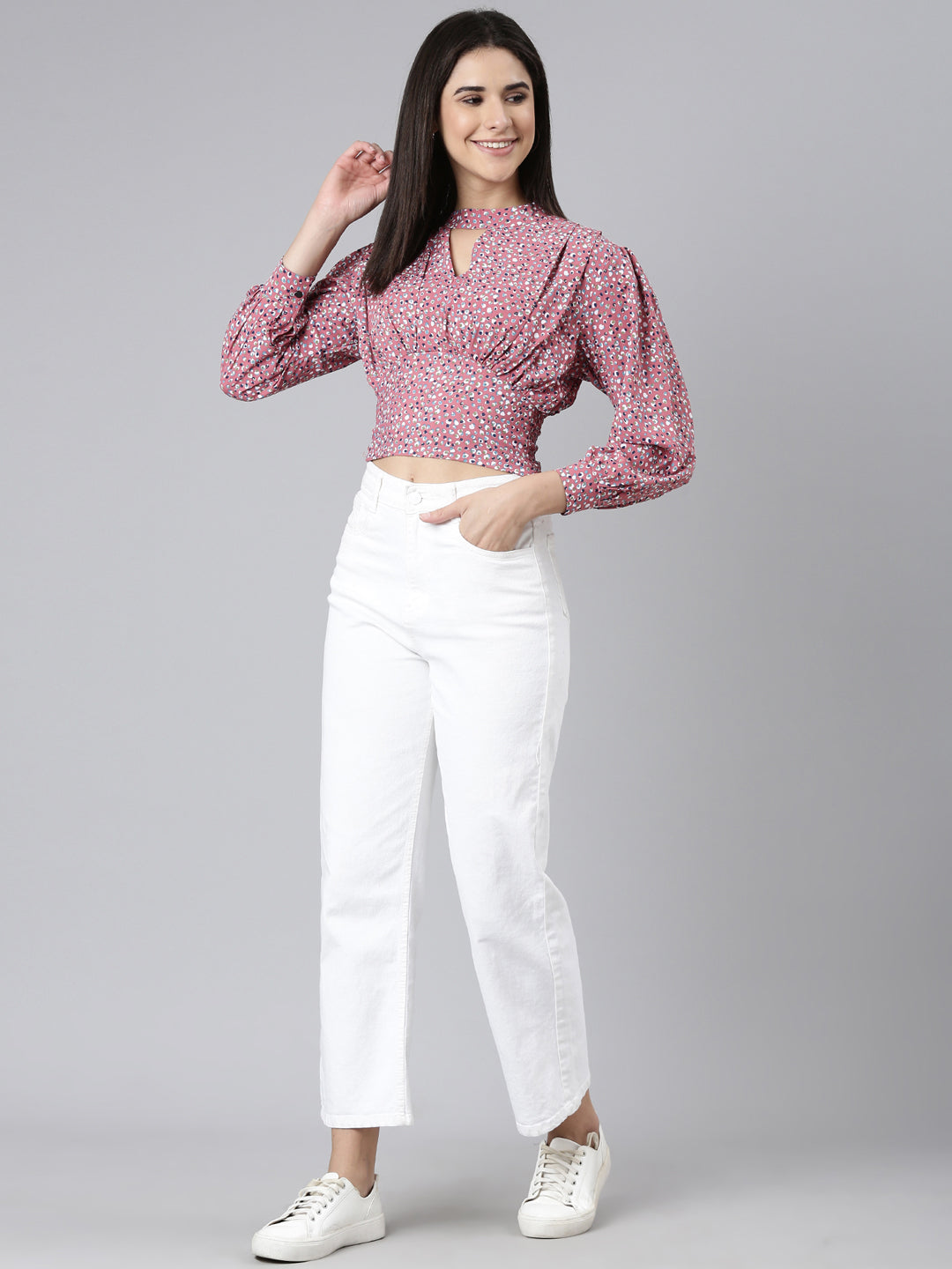Women's Mauve Floral Printed Keyhole Neck Puff Sleeves Cinched Waist Crop Top