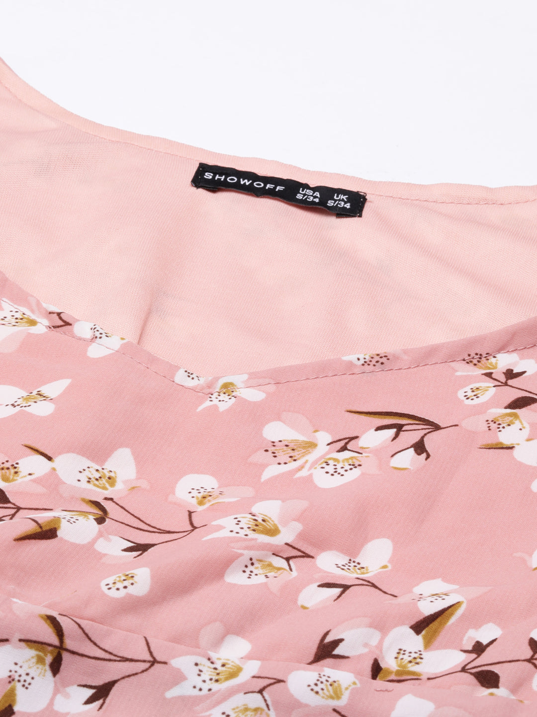 Women's Peach Floral Printed Puff Sleeve Smocking Chiffon Crop Top