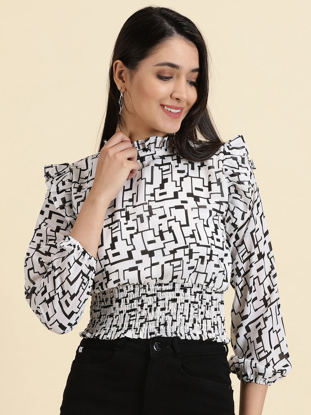 Women's White Geometric Print Crepe Cinched Waist Top