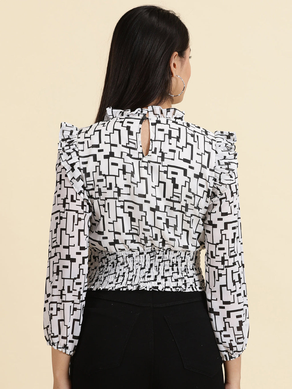Women's White Geometric Print Crepe Cinched Waist Top