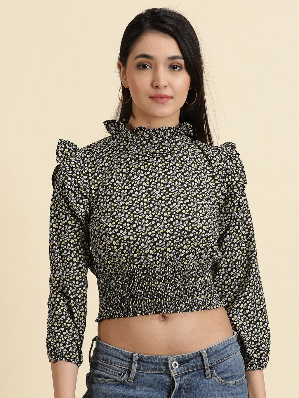 Women's Black Floral Print Puff Sleeve Crepe Cinched Waist Crop Top