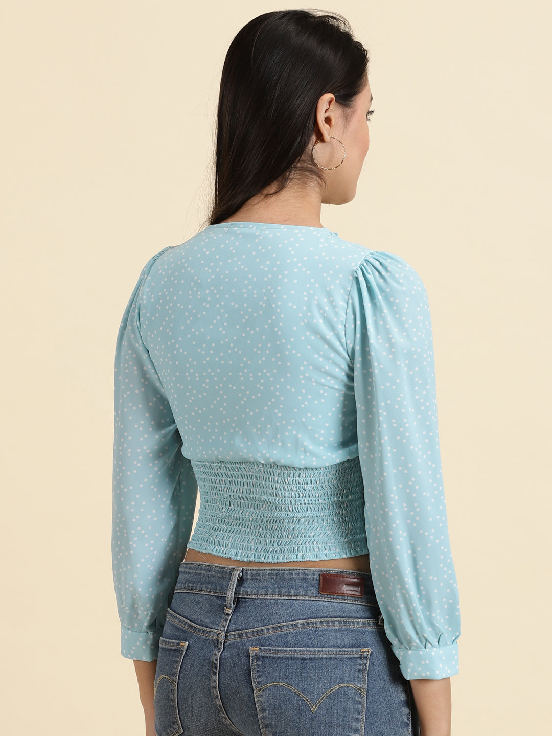 Women's Turquoise Blue Polka Dots Printed Puff Sleeve Smocked Crepe Wrap Crop Top