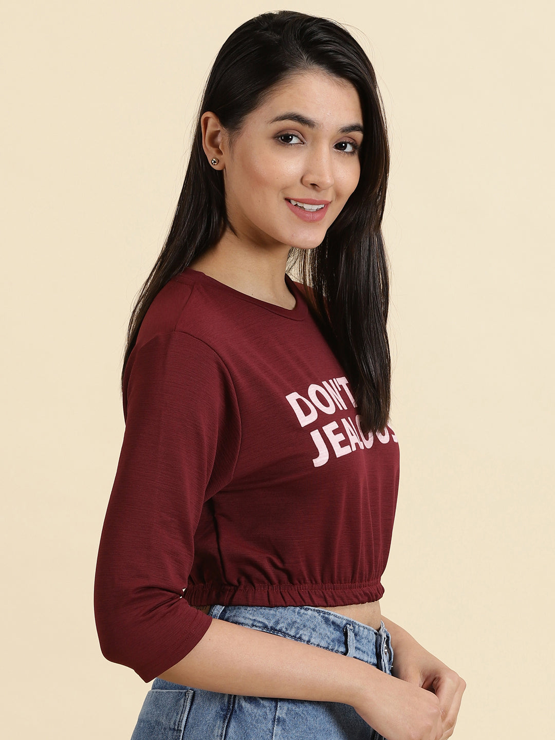 Women's Red Print Crop Cinched Waist Top