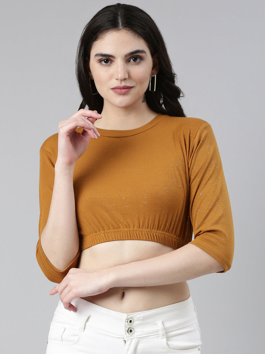 Women's Mustard Round Neck Gathered Crop Top