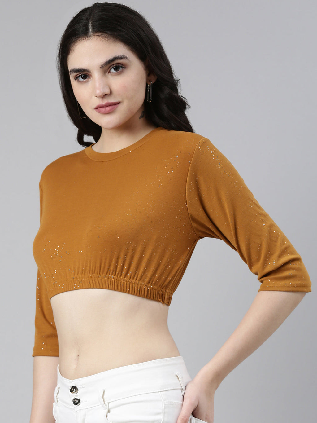 Women's Mustard Round Neck Gathered Crop Top