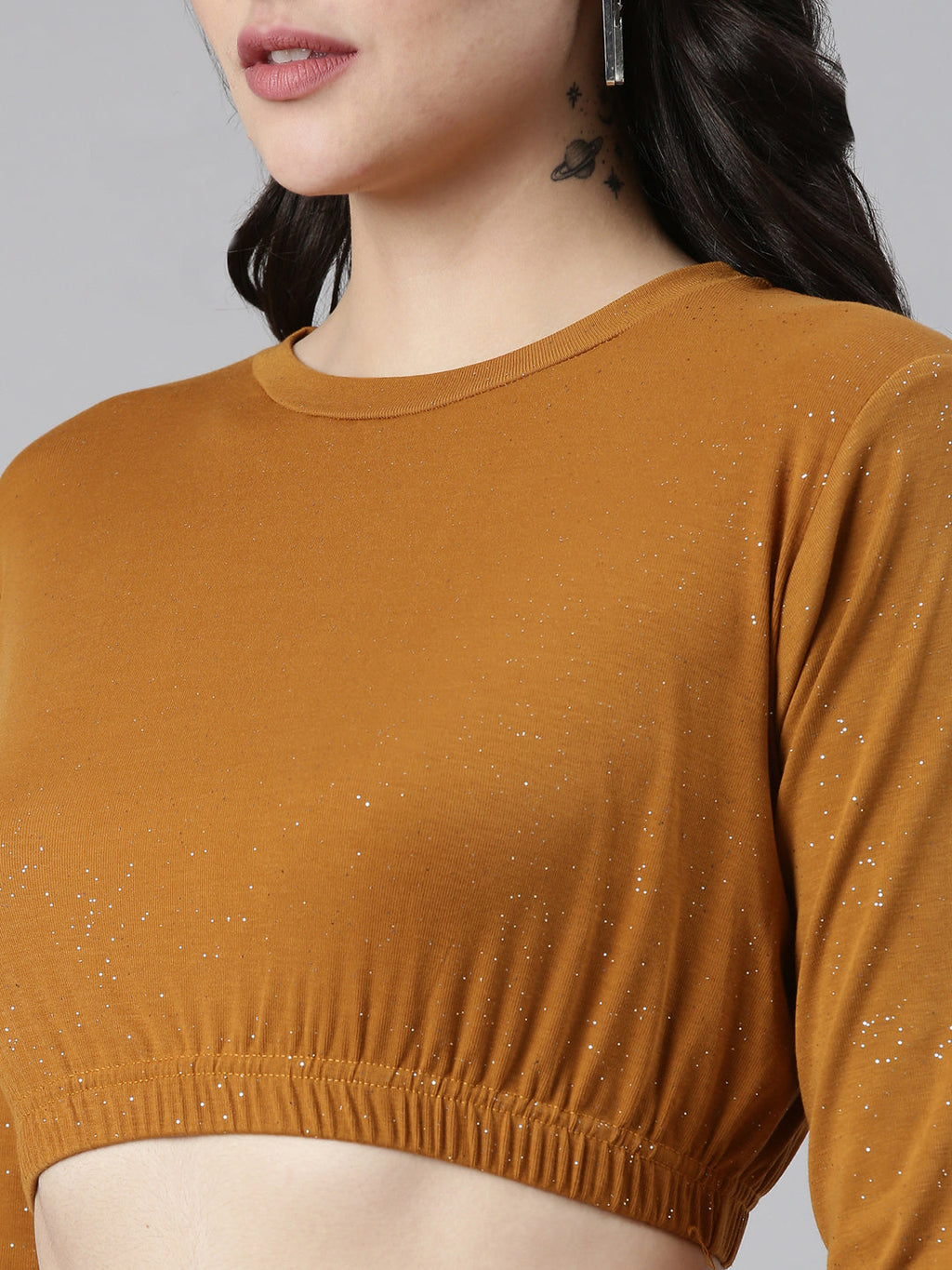 Women's Mustard Round Neck Gathered Crop Top
