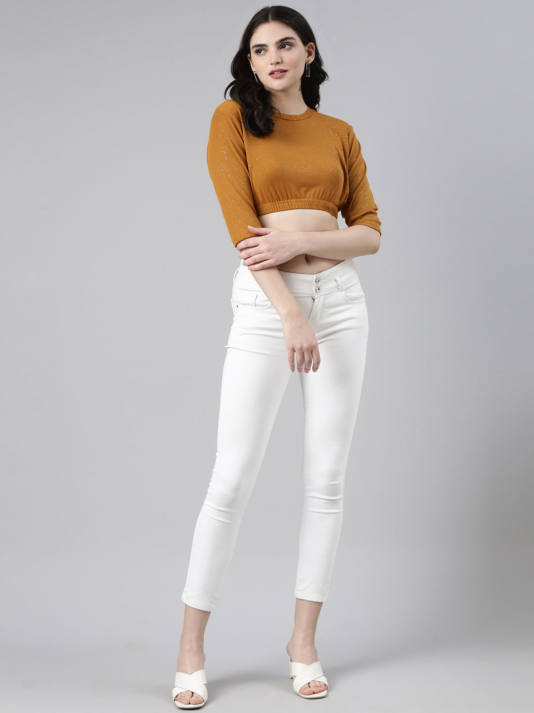 Women's Mustard Round Neck Gathered Crop Top