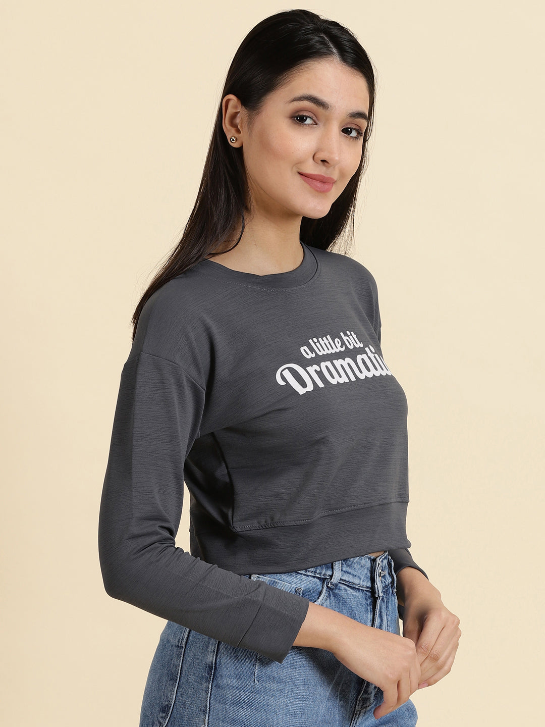Women's Grey Printed Round Neck Long Sleeves Crop Pullover