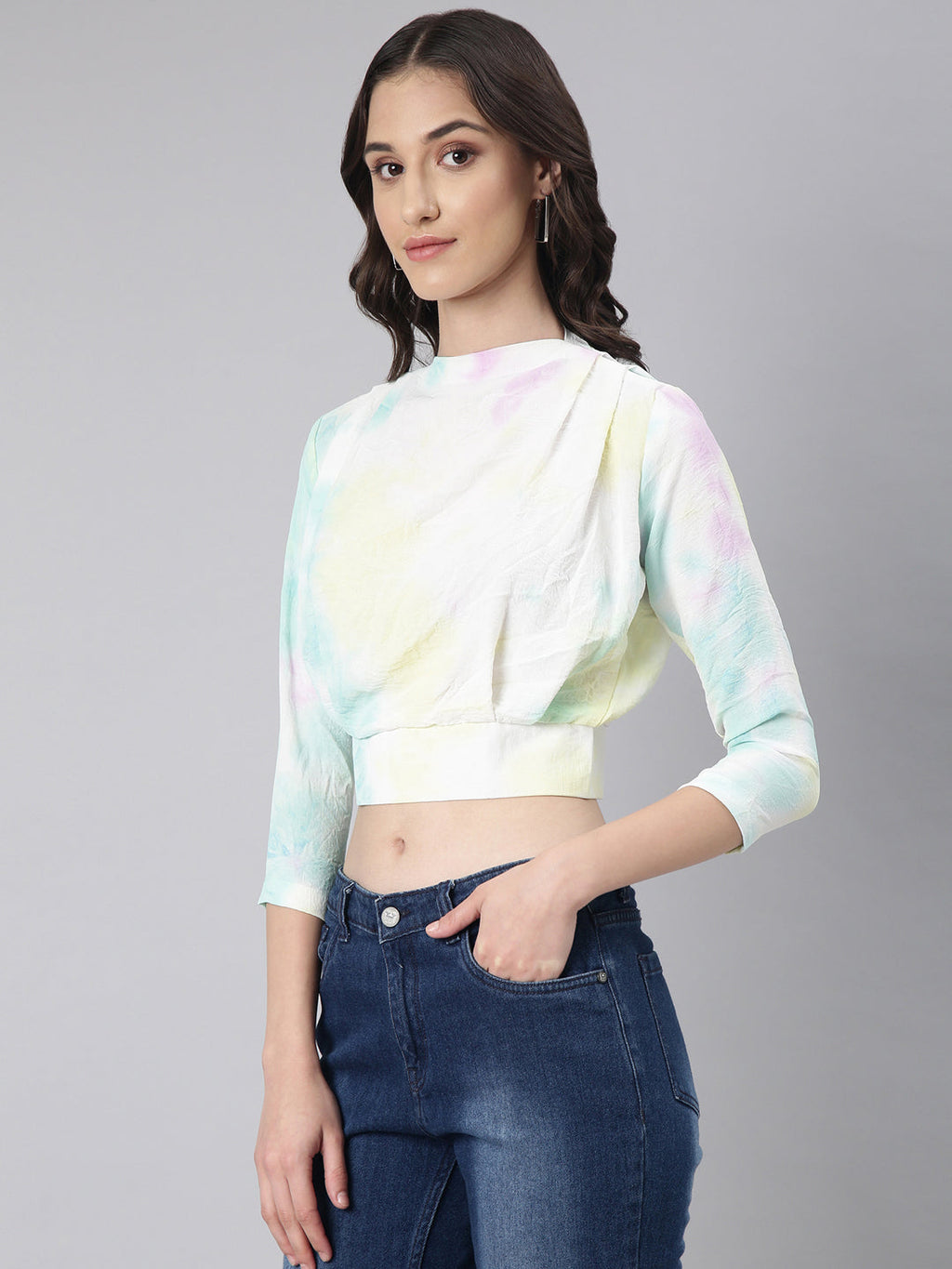 Women's Turquoise Blue Tie and Dyed High Neck Crepe Blouson Crop Top
