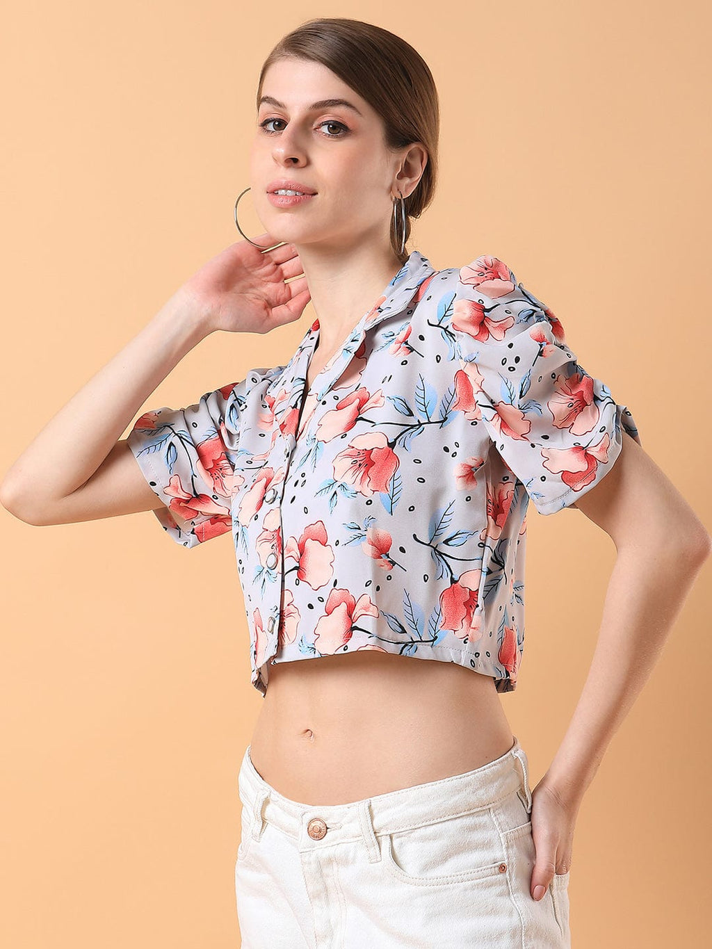 Women's Grey Lapel Collar Cotton Top