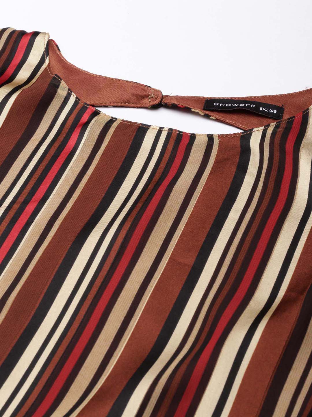 Women's Brown Striped Puff Sleeve Styled Back Crop Top
