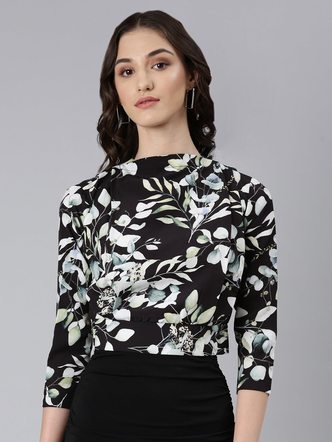 Women's Black Floral Printed High Neck Blouson Crop Top