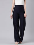 Women's Navy Blue Straight Fit Striped Cotton Parallel Trousers