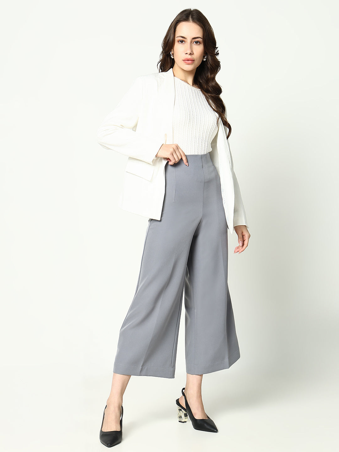 Women's Grey Cotton Regular Fit Comfort Pleated Trousers