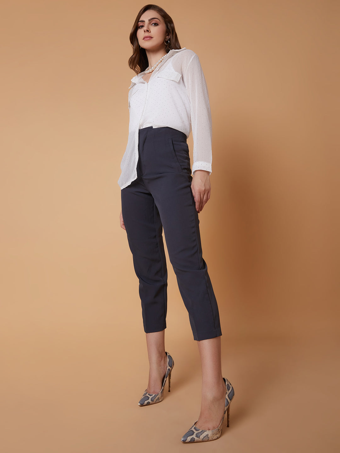 Women's Charcoal Solid Comfort Slim Fit Formal Trousers
