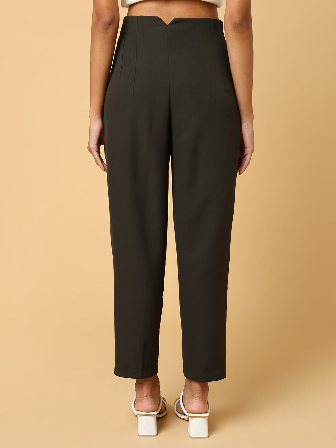 Women's Olive Comfort Slim Fit Pleated Trousers