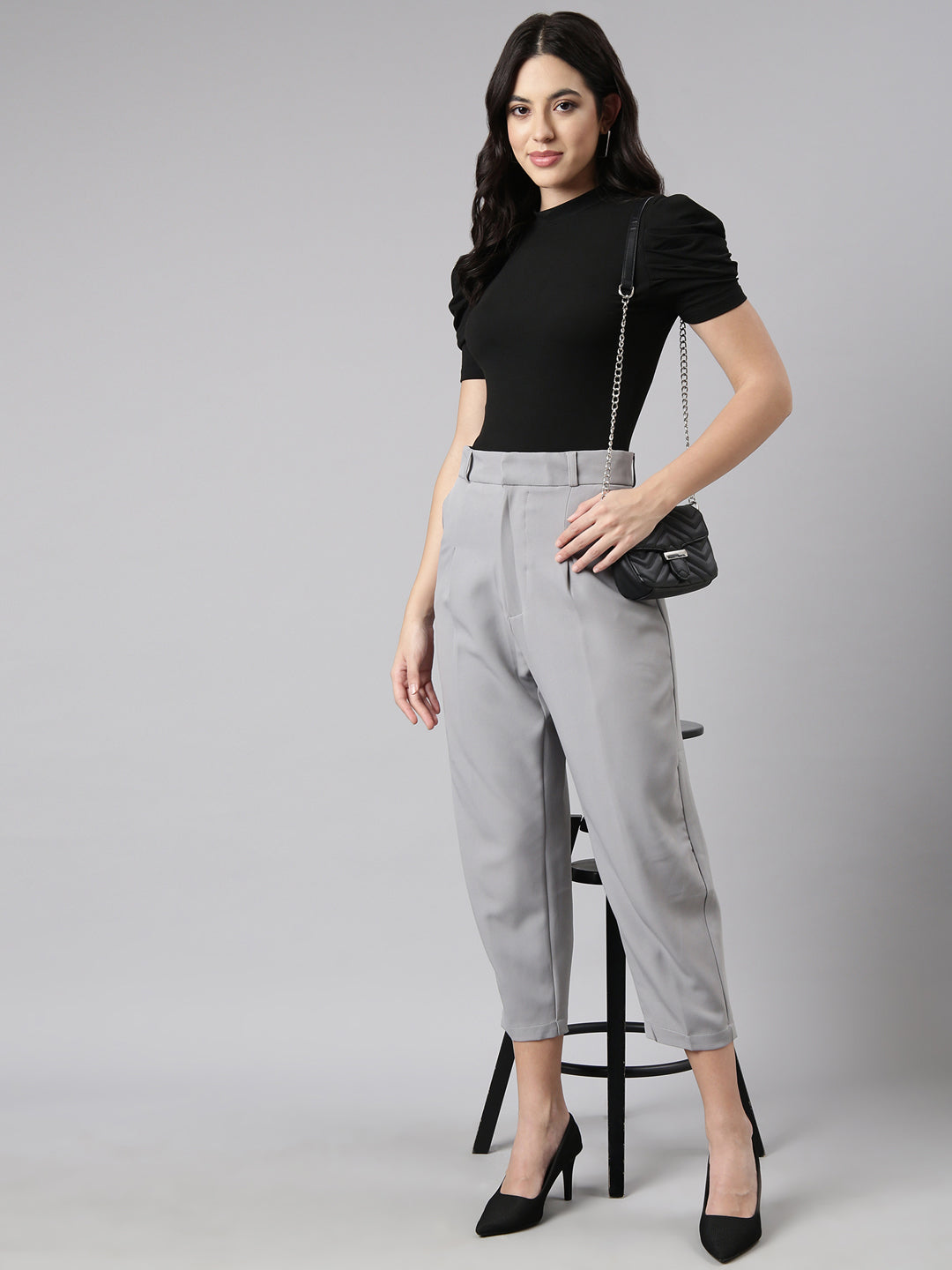Women's Grey Comfort Regular Fit Cotton Formal Trouser