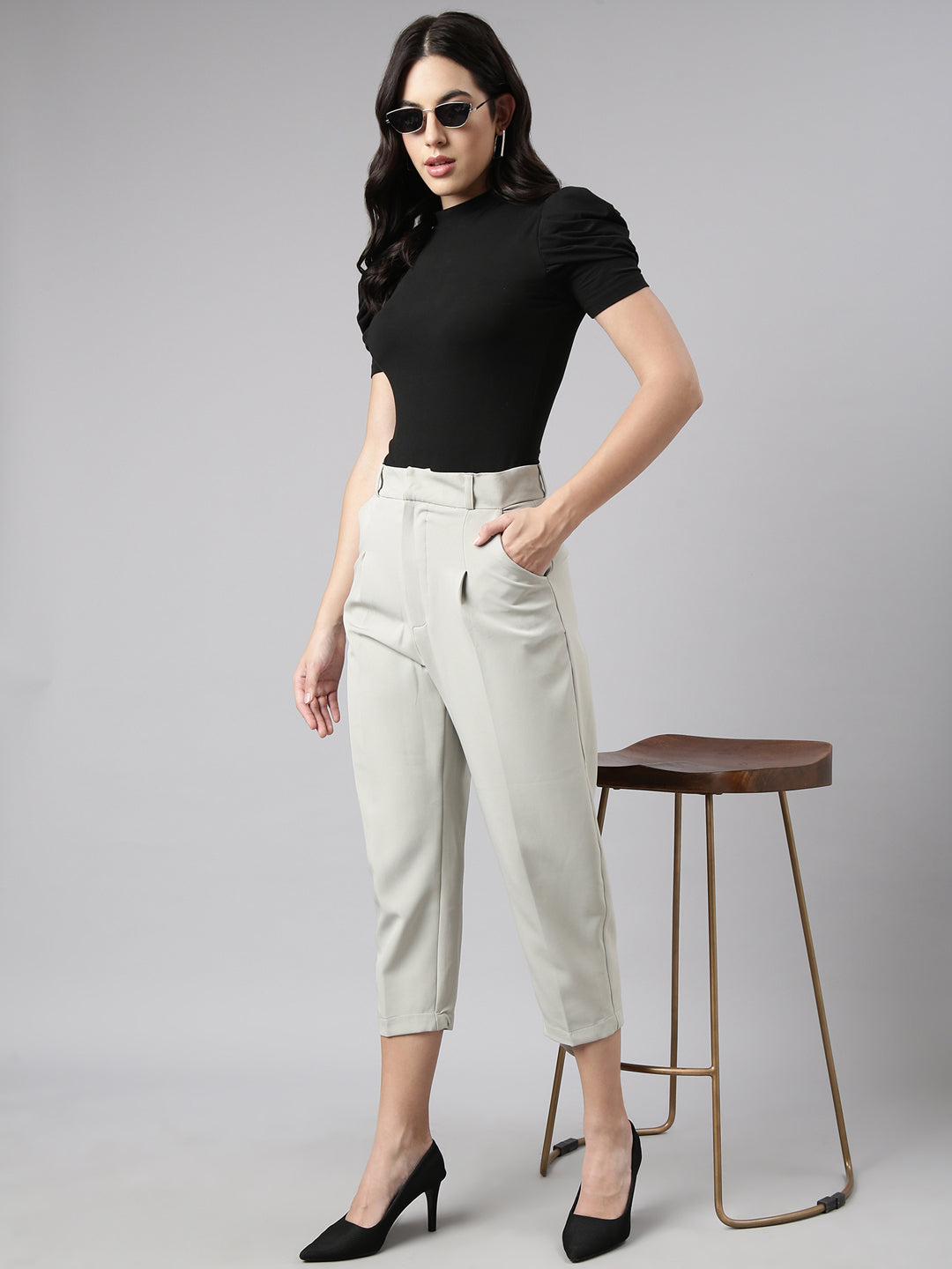 Women's Sea Green Comfort Tapered Fit Pleated Cotton Trousers