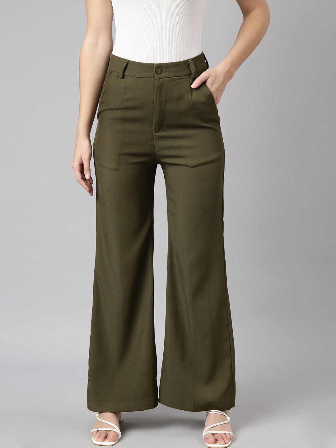 Women's Olive Comfort Fit Mid Rise Cotton Parallel Trouser