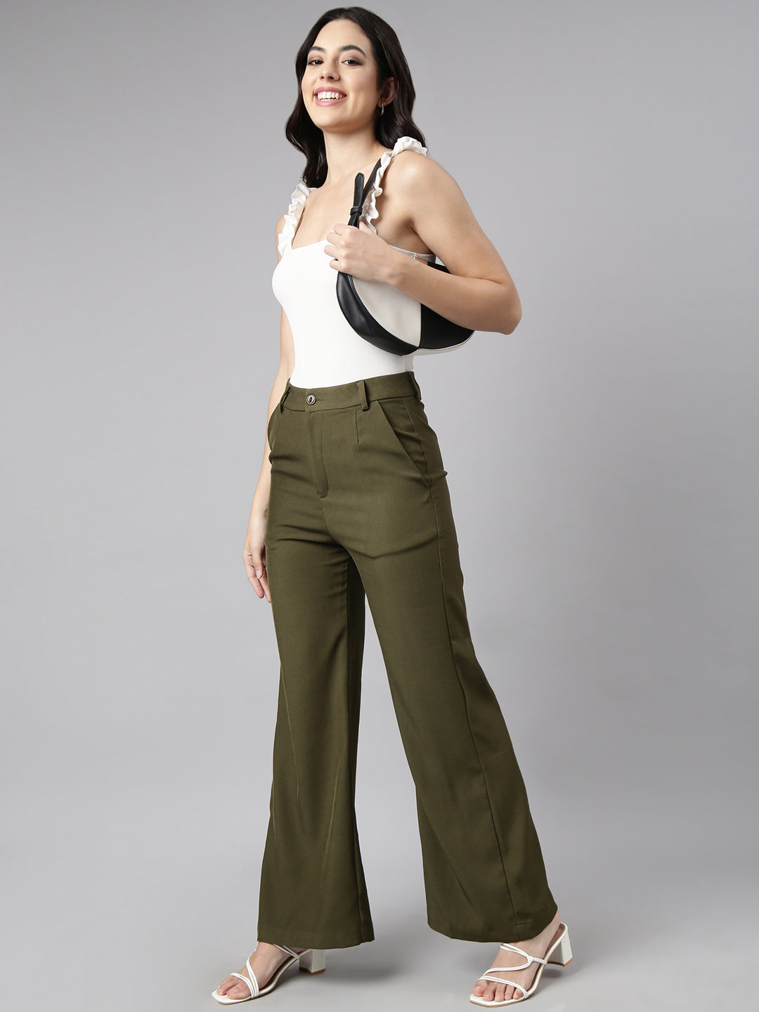 Women's Olive Comfort Fit Mid Rise Cotton Parallel Trouser