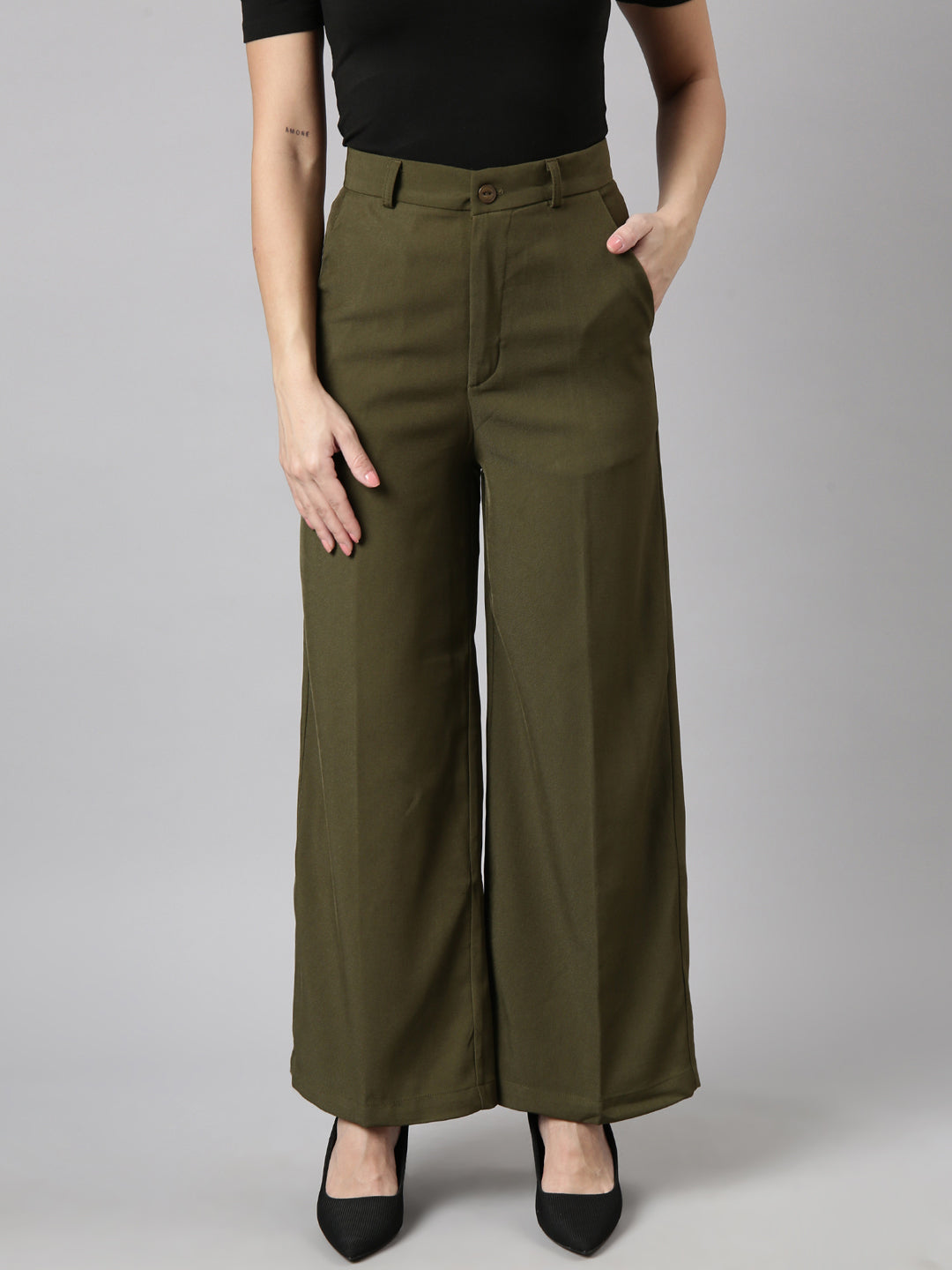 Women's Olive Regular Fit Cotton Comfort Parallel Trousers