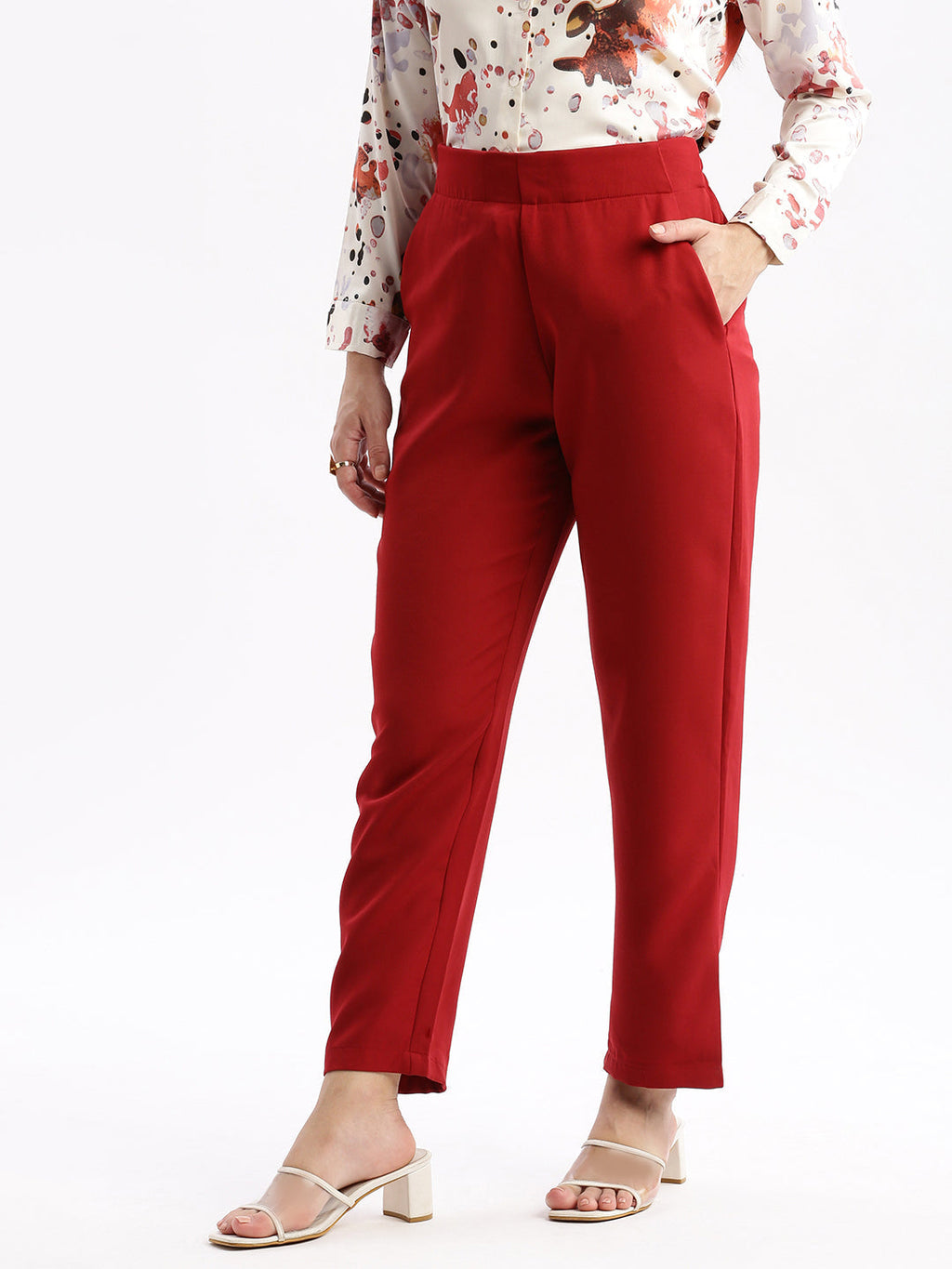 Women's Maroon Comfort Slim Fit Mid Rise Regular Trousers