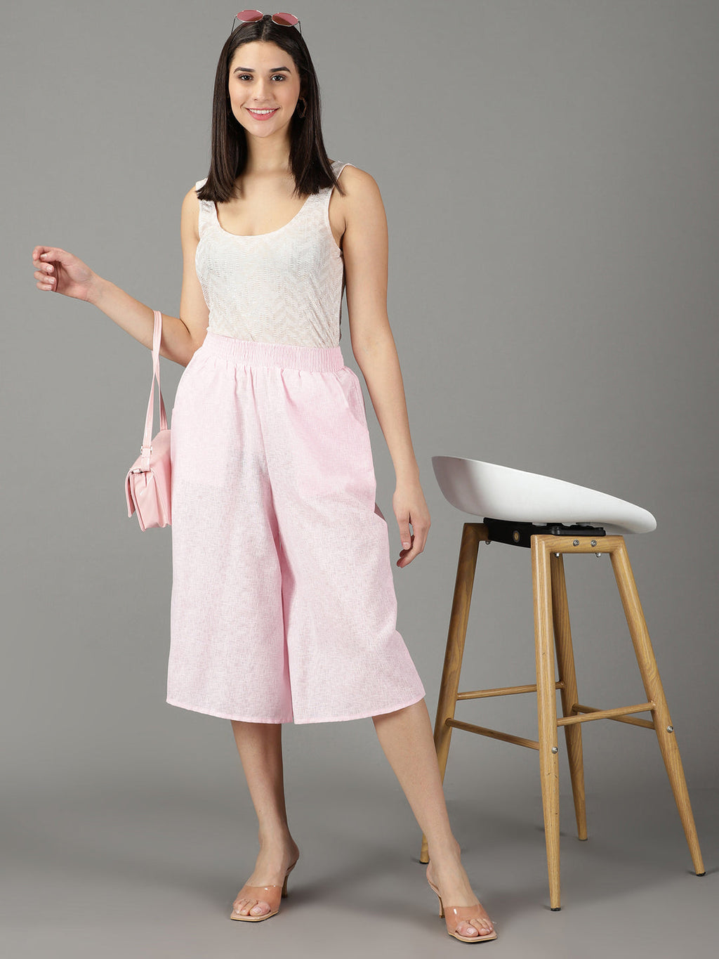 Women's Pink Relaxed Straight Fit High-Rise Linen Culottes
