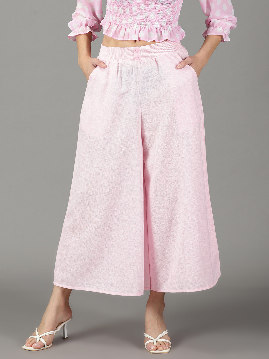Women's Pink Flared High-Rise Linen Culottes Trouser