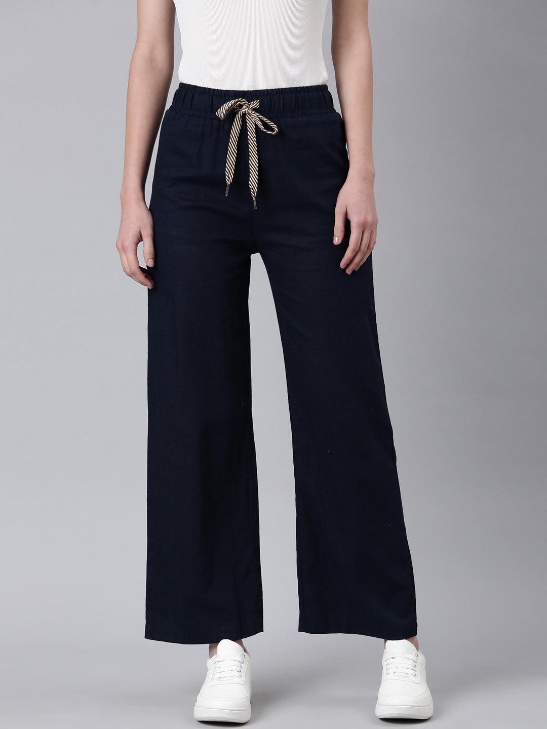 Women's Navy Blue Straight Fit Cotton Parallel Trousers