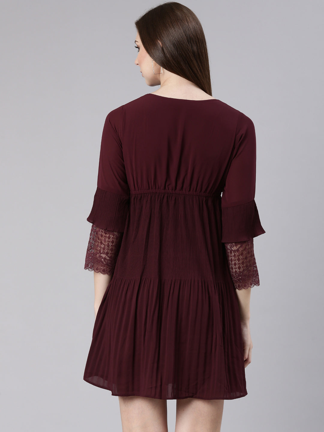 Women's Maroon Tie-Up Neck Bell Sleeves Pleated Georgette Empire Dress