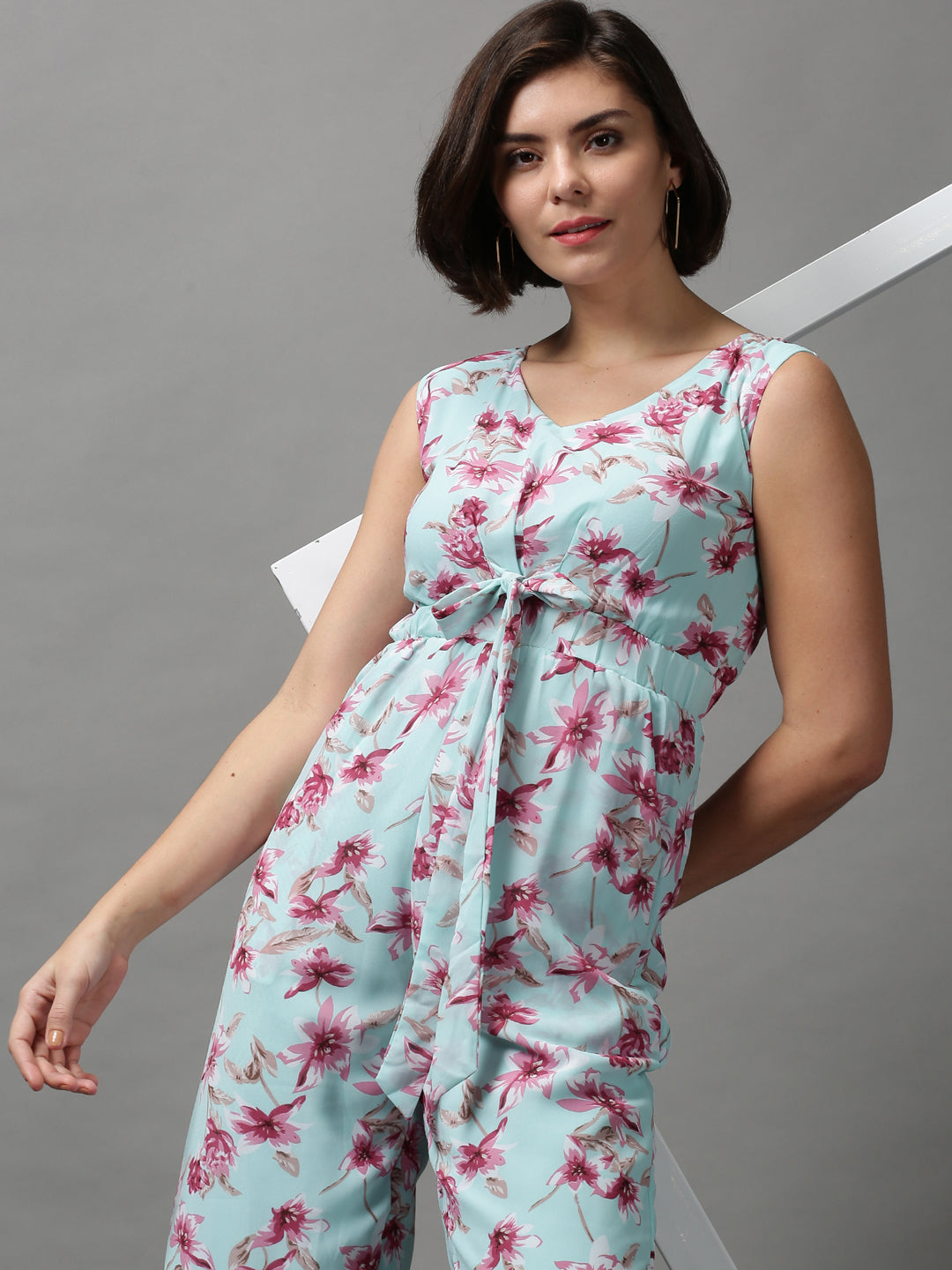 Women's Sea Green V-Neck Printed Basic Jumpsuit