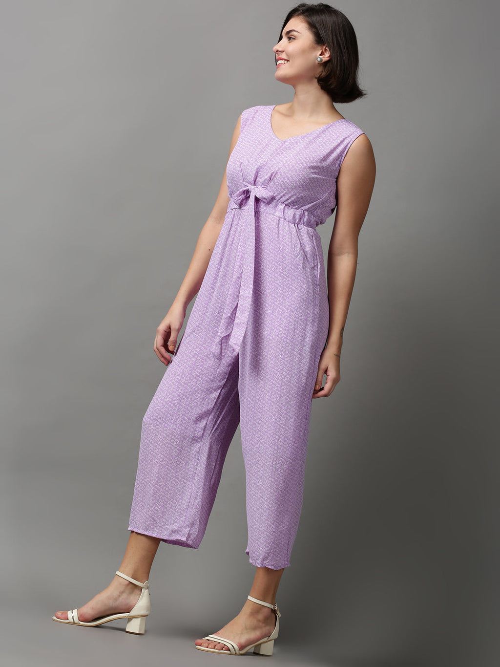 Women's Purple Printed V-Neck Sleeveless Basic Jumpsuit