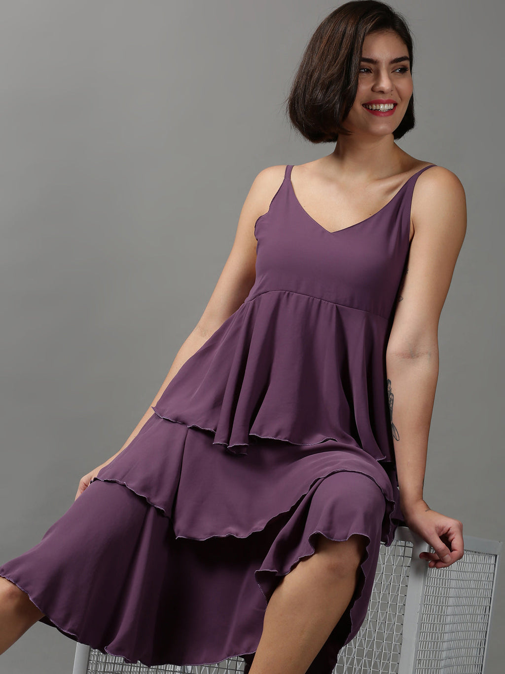 Women's Violet Solid Layered Crepe Empire Midi Dress