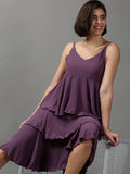 Women's Violet Solid Layered Crepe Empire Midi Dress