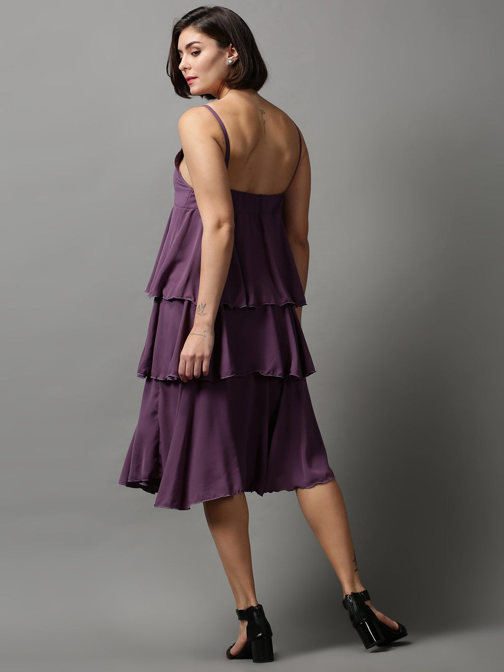 Women's Violet Solid Layered Crepe Empire Midi Dress