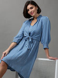 Women's Blue Solid Knee Length Cotton Dress With Shrug