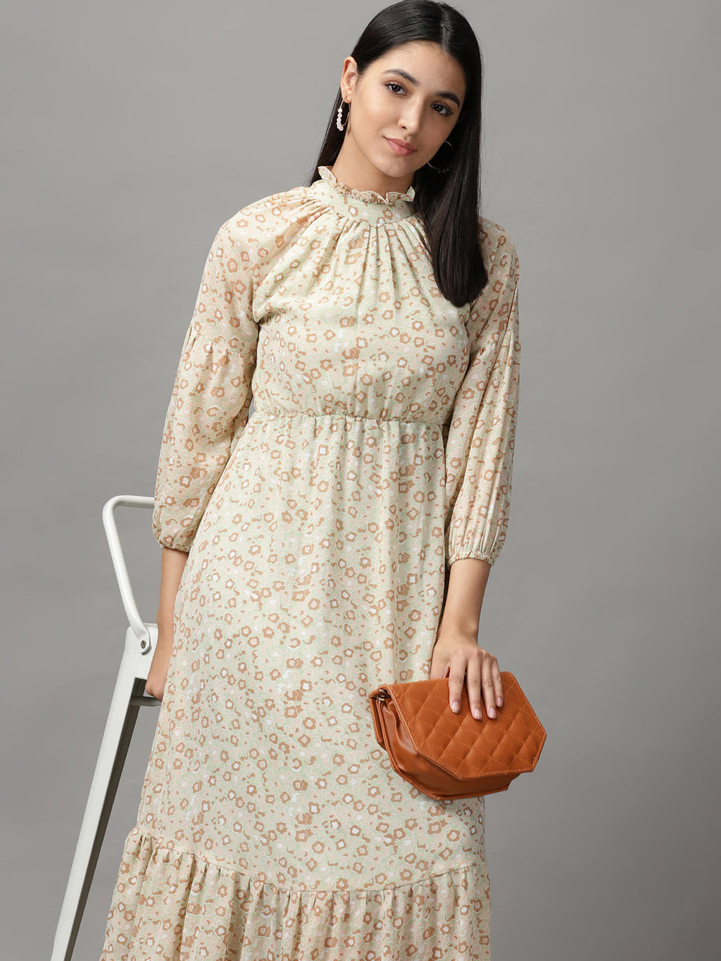 Women's Green Floral Chiffon Fit & Flare Dress
