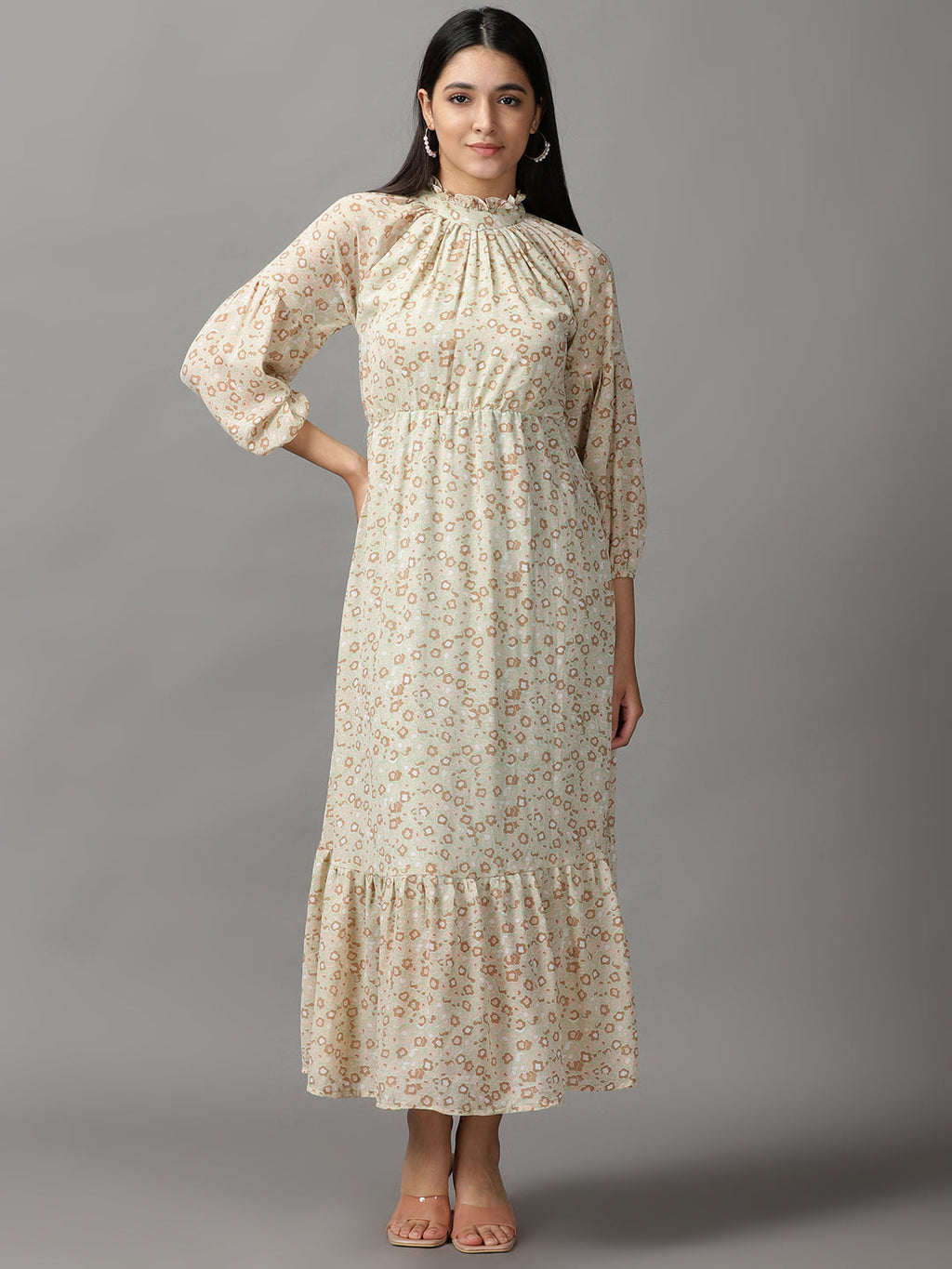 Women's Green Floral Chiffon Fit & Flare Dress