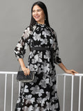 Women's Black Floral Layered Chiffon Fit & Flare Dress