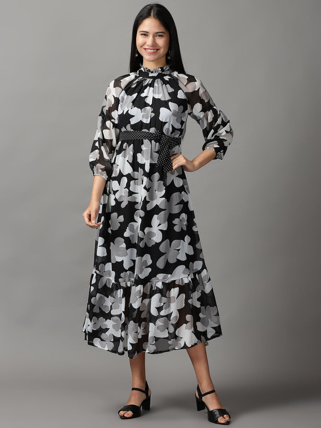 Women's Black Floral Layered Chiffon Fit & Flare Dress