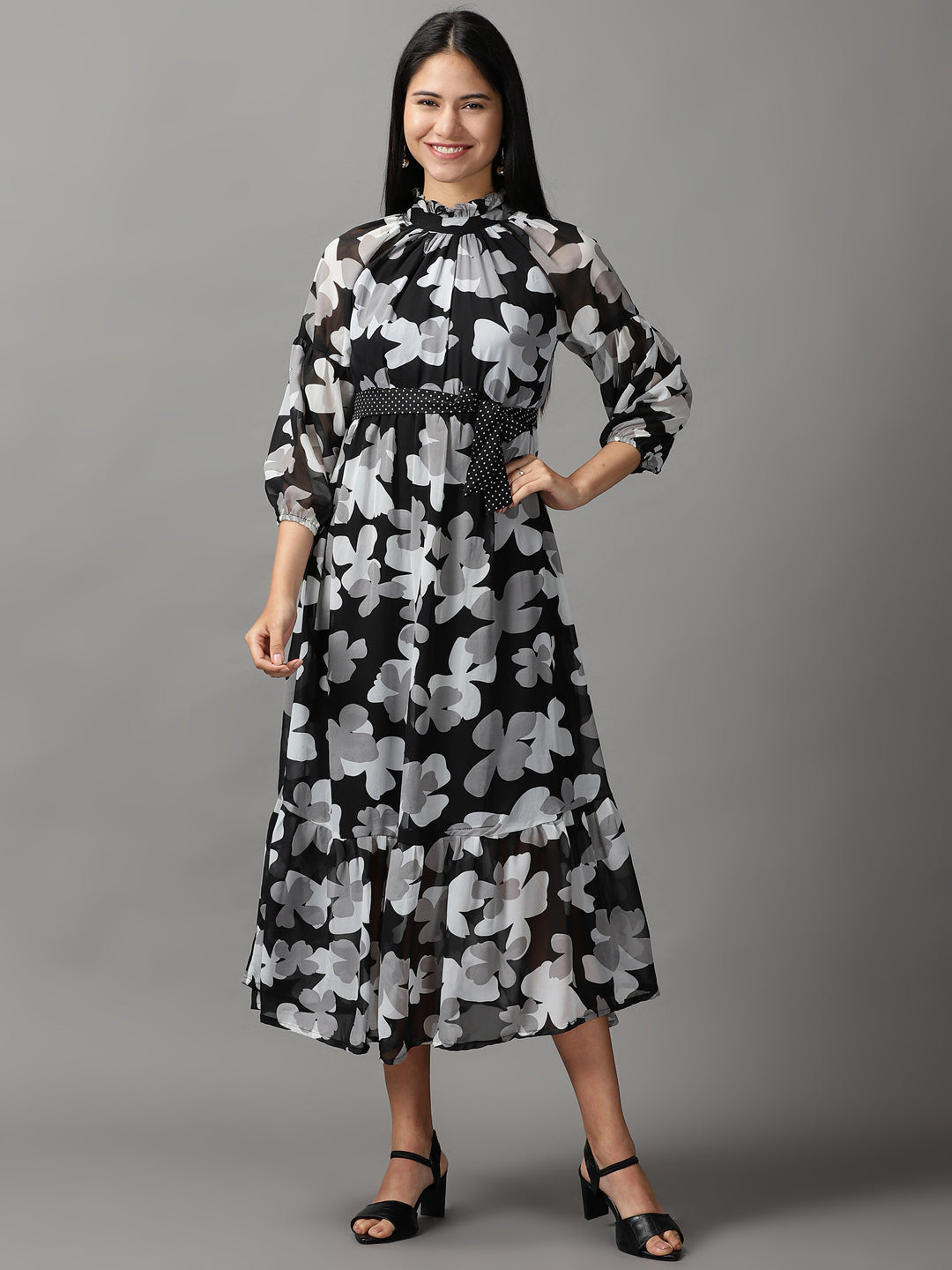 Women's Black Floral Layered Chiffon Fit & Flare Dress
