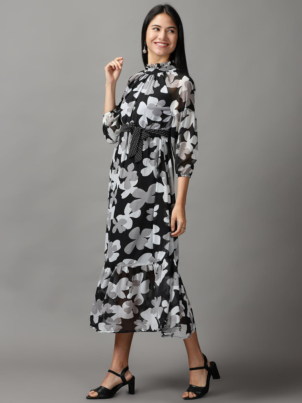 Women's Black Floral Layered Chiffon Fit & Flare Dress